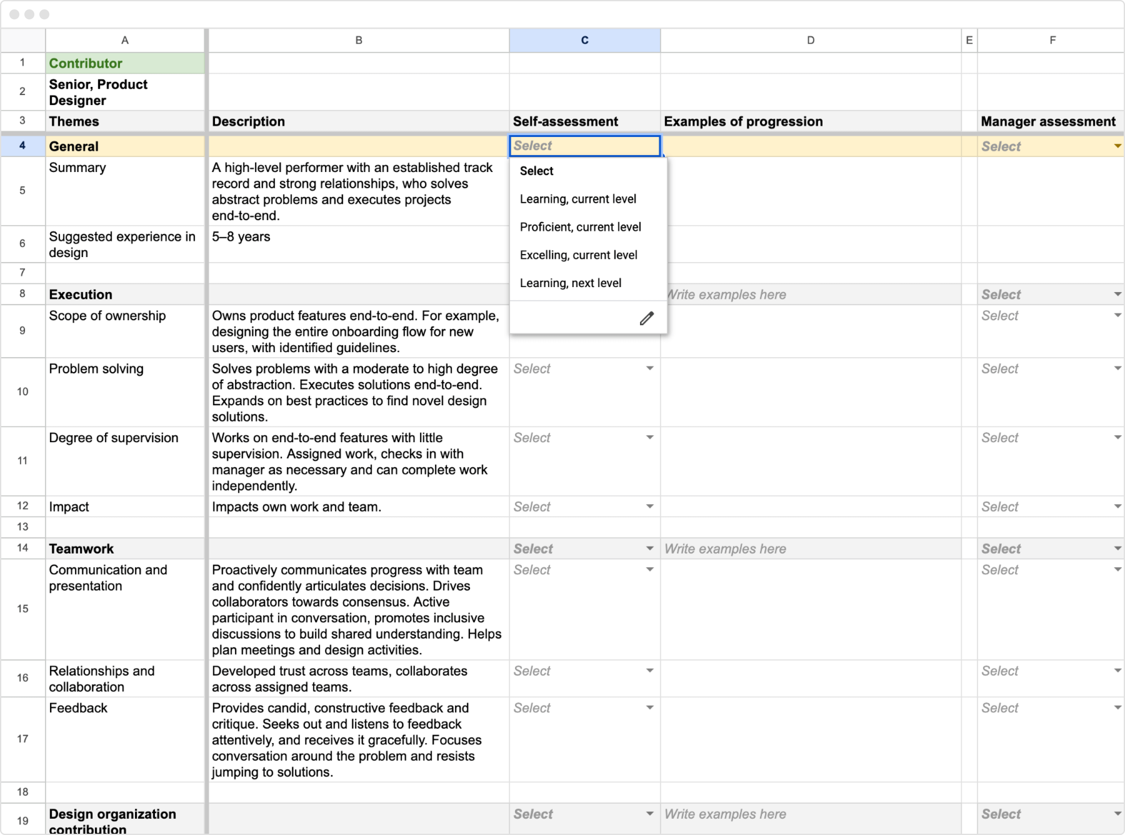 Growth Guide outlining product designer leveling criteria